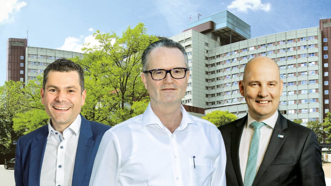 OB Florian Freund, UKA-Boss Prof. Klaus Markstaller und IHK-Chef Marc Lucassen im Interview zur „Medical City“